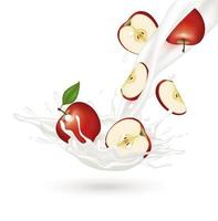 leche de manzana con manzana roja y yogur de leche salpicado aislado sobre fondo blanco. hacer ejercicio y comer alimentos saludables. concepto de salud ilustración vectorial 3d realista. vector