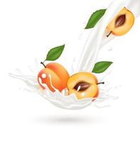 Peach milk yogurt splashing isolated on white background. Exercises and eat healthy food. Health concept. Realistic 3d vector illustration.