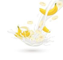 Yogur de leche de plátano salpicado aislado sobre fondo blanco. hacer ejercicio y comer alimentos saludables. concepto de salud ilustración vectorial 3d realista. vector