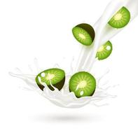 Yogur de leche de kiwi salpicado aislado sobre fondo blanco. hacer ejercicio y comer alimentos saludables. concepto de salud ilustración vectorial 3d realista. vector