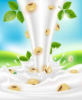 salpicaduras de leche de soja cayendo para el diseño del paquete. leche y calcio. Suplemento dietético óseo, concepto médico o sanitario. ilustración vectorial 3d eps10 vector