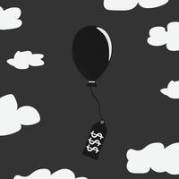 Inflation causing price rising up, overvalued stock or funds, consumer purchasing power reducing concept, air balloon tied with product price tag flying high rising up in sky. vector