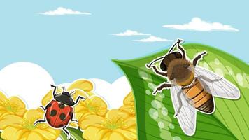 Thumbnail design with bee on leaf and ladybug vector