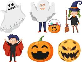 conjunto de elementos y personajes de dibujos animados de halloween vector