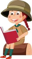 lindo personaje de dibujos animados de girl scout sentado en un registro leyendo un libro vector