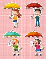 conjunto de personaje de dibujos animados con paraguas vector