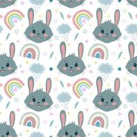 Cute seamless vector pattern with rabbits, hearts, clouds, rainbows and stars. Seamless vector printing on children's fabrics, wallpaper, textiles.