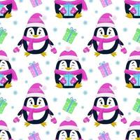 Vector seamless pattern with the image of penguins, gifts and snowflakes. Seamless vector printing on children's fabrics, wallpaper, textiles, packaging, design.