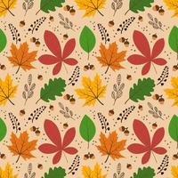 Vector seamless pattern with autumn elements, acorns, various leaves, autumn floral elements. Bright, repetitive texture for the autumn season. It is used for wrapping paper,packaging,wallpaper,books.