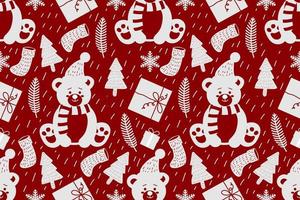 Merry Christmas seamless pattern home decoration design. Cartoon Santa, Christmas tree, Christmas leaves, cute wallpaper. Ornaments vector illustrations background