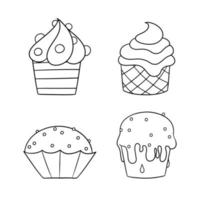 Monochrome set of icons, delicious cupcakes with delicate cream and sugar crumbs, vector illustration in cartoon style on a white background
