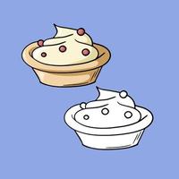 A set of images, a deep ceramic plate with dessert, delicious sour cream with berries, a vector illustration in cartoon style on a colored background