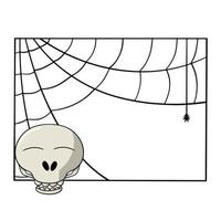 Square decorative frame with spider web, the skull character closed his eyes, copy space, vector illustration in cartoon style