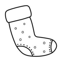 A simple cute sock in the style of cartoon doodles. Christmas sock for gifts. Black outlines highlighted on a white background. Hand-drawn linear vector illustration. Contour drawing.