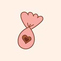 caramelo de chocolate con corazón en envoltorio rosa. caramelo en envoltura de color sobre fondo beige. imagen vectorial aislada para su uso en el diseño de sitios web o como impresión vector