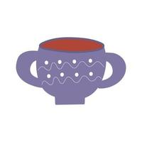Tea in purple mug with pattern on white background. Vector isolated image for use in menus or as print