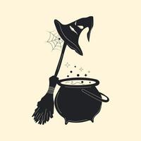 Cartoon witches cauldron with potion next to a broom and a sorcerer's hat. Symbol of Halloween. Set witches vector