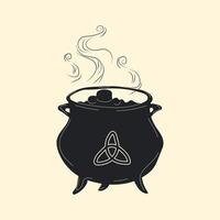 Witch cauldron with bubbling  liquid isolated background. Magic potion. Symbol of witchcraft. Dark boiling cauldron. Traditional halloween element. Vector illustration.