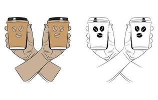 dos manos sosteniendo tazas de café, ilustración vectorial de taza de café, una mano de dibujo de línea sosteniendo taza con café vector