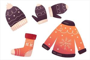Hygge cozy christmas set with warm sweater, hat and gloves. Cartoon flat vector illustration. Isolated vector illustration. Holiday xmas decor. Christmas cozy elements
