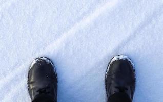 High angle view at black boots standing in fresh snow. photo