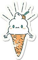 worn old sticker of a tattoo style ice cream character vector