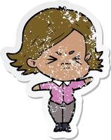 distressed sticker of a cartoon angry girl vector