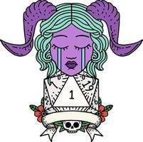 estilo de tatuaje retro llorando cara de tiefling con dados naturales 1 d20 vector