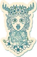 Retro Tattoo Style elf druid character with nautral twenty dice roll vector