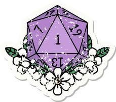 grunge sticker of a natural one dice roll with floral elements vector