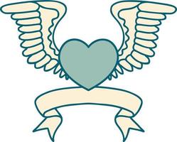 tatuaje tradicional con pancarta de un corazón con alas vector