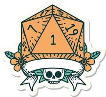 sticker of a natural one d20 dice roll vector