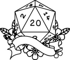 Black and White Tattoo linework Style natural twenty D20 dice roll vector