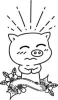 scroll banner with black line work tattoo style nervous pig character vector