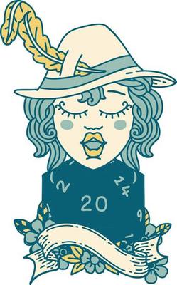 Retro Tattoo Style human bard with natural 20 dice roll