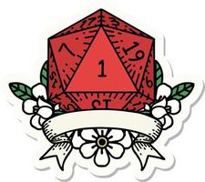 sticker of a natural one d20 dice roll vector