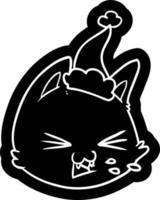 icono de dibujos animados de escupir de una cara de gato con sombrero de santa vector