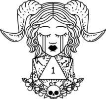 Black and White Tattoo linework Style crying tiefling with natural one D20 dice roll vector
