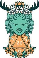 Retro Tattoo Style half orc druid with natural twenty dice roll vector