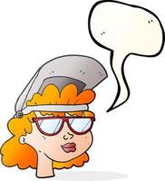 Freehand drawn speech bubble cartoon woman with welding mask and glasses vector