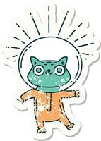 worn old sticker of a tattoo style cat in astronaut suit vector