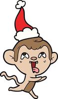 crazy line drawing of a monkey running wearing santa hat vector