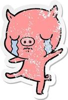 distressed sticker of a cartoon pig crying vector