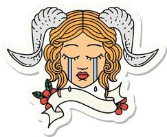 sticker of a crying tiefling character face with scroll banner vector