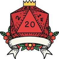 Retro Tattoo Style natural 20 critical hit D20 dice roll vector