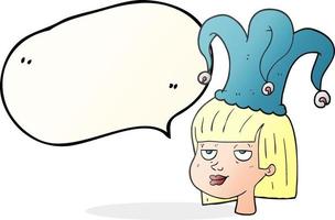 freehand drawn speech bubble cartoon female face with jester hat vector