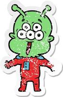 distressed sticker of a happy cartoon alien vector