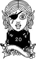 Black and White Tattoo linework Style elf rogue with natural twenty dice roll vector