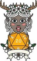 Retro Tattoo Style elf druid character with natural 20 dice roll vector