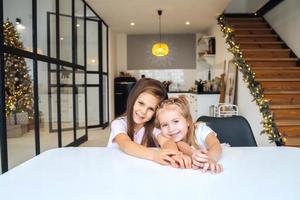 Two little girls at the table looking at the camera close-up photo